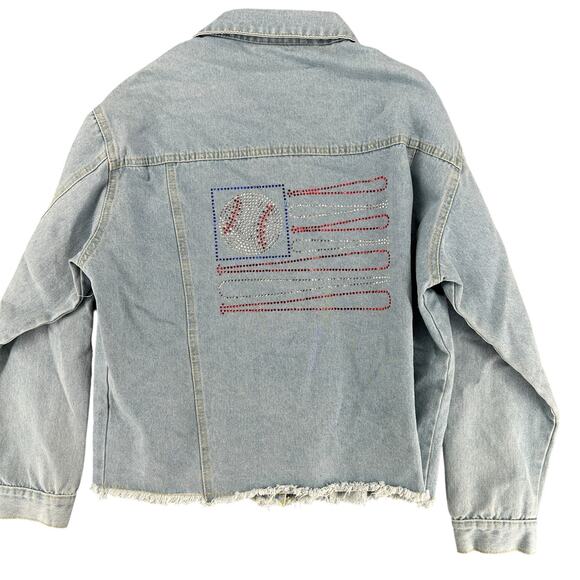 Aimeite Y2K Raw Hem Rhinestone Heart Baseball Medium Denim Jacket Shacket - Picture 5 of 6
